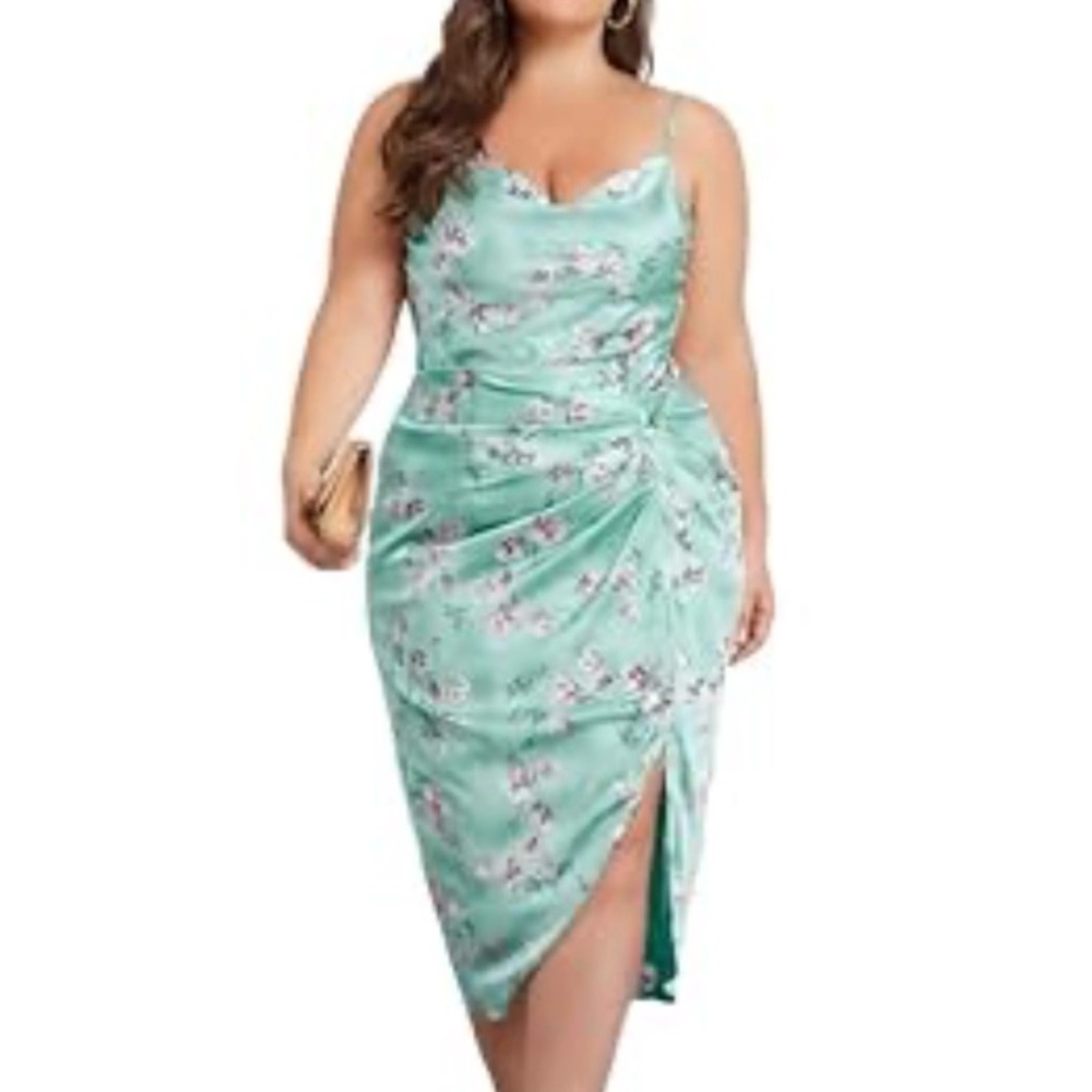 KimCurvy Mint Floral Cowl Neck Satin Midi Dress Ruched Spaghetti Strap Cocktail
